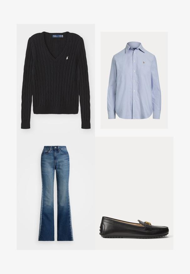 Jersey de cuello en V de punto con cable negro, mangas largas y pequeño logo blanco de Polo de Ralph Lauren en el pecho izquierdo.; Camisa azul clara de manga larga con botones, cuello puntiagudo y pequeño logo bordado en el pecho izquierdo.; Polo Ralph Lauren FLARE JEAN - Vaqueros a campana - boyne wash; Mocasín de cuero negro con detalle de hebilla dorada y suela de goma con tachuelas, mostrado de lado sobre fondo blanco.