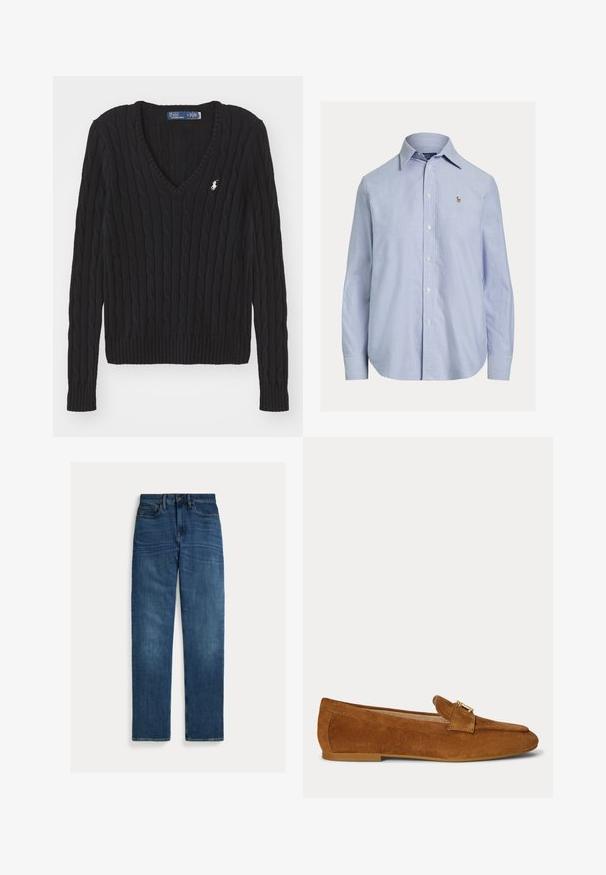 Sort kabelstrik v-hals sweater med ribbede manchetter og kant. Har et lille broderet logo på brystet. Lavet af struktureret garn.; Lyseblå skjorte med lange ærmer og knapper, med spids krave og lille broderet logo på venstre bryst.; Straight-leg blå denim jeans med fem lommer, knaplukning og subtil falmning på lår og knæ, lagt fladt på hvid baggrund.; Brun ruskind flad loafer med guldfarvet metallås-detalje på toppen og lav hælsål.