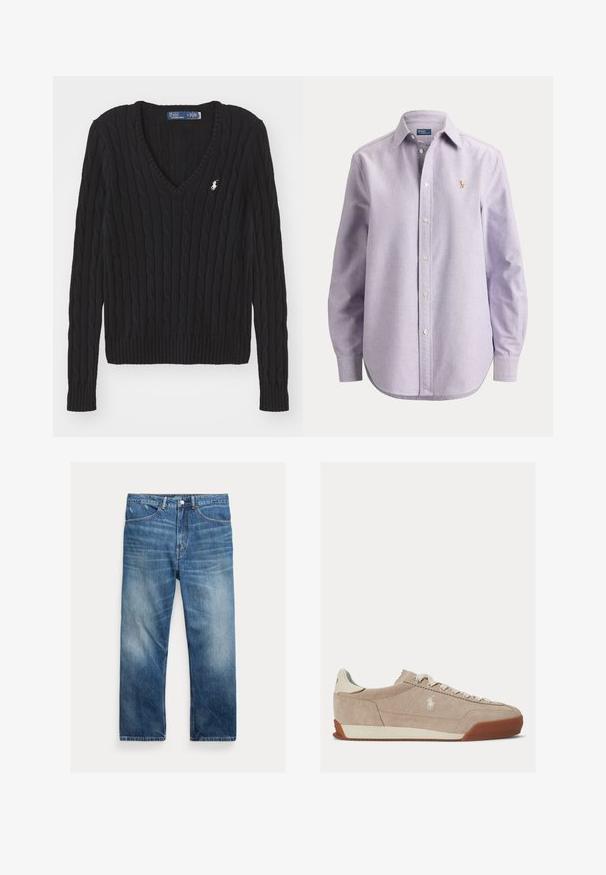 Jersey de cuello en V de punto con cable negro, mangas largas y pequeño logo blanco de Polo de Ralph Lauren en el pecho izquierdo.; Camisa de manga larga color púrpura claro con botones y cuello, con un pequeño logo bordado en el lado izquierdo del pecho, presentada sobre un fondo liso.; Vaqueros de denim azul lavado con corte de pierna recta, bolsillos delanteros, trabillas para cinturón y detalles descoloridos en los muslos y las rodillas.; Zapatilla baja de ante beige con cordones blancos, logo blanco en el lateral y suela de goma marrón.