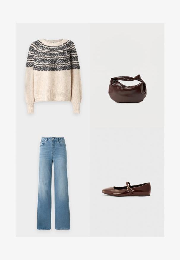 Cremefarvet og sort strikket sweater med mønstret yoke, ribbede manchetter og kant, præsenteret mod en ensfarvet baggrund.; Lyseblå højtaljede jeans med lige ben. Fremstillet af denim, med fem lommer og knaplukning.; Brun patentlæder balletflade med firkantet tå og strop med en lille guldbuckle. Glat tekstur, lav hæl og minimalistisk design.; Mørkebrun læder skuldertaske med en blød, afslappet form og et snoet knudehåndtag på en ensartet hvid baggrund.