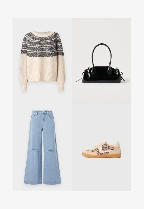 Cremefarvet og sort strikket sweater med mønstret yoke, ribbede manchetter og kant, præsenteret mod en ensfarvet baggrund.; Lyseblå bredbenede jeans med høj talje, der har to forlommer og to slidte knædetaljer, fremstillet af denimmateriale.; Leopardprint sneakers med beige ruskindsoverdel, tan gummisål og hvide detaljer. Rund pegefinger og snørebåndsdesign med en tekstureret finish.; Lille sort blank håndtaske med to lange håndtag og snøre-detaljer i siden på en ensfarvet lys baggrund.