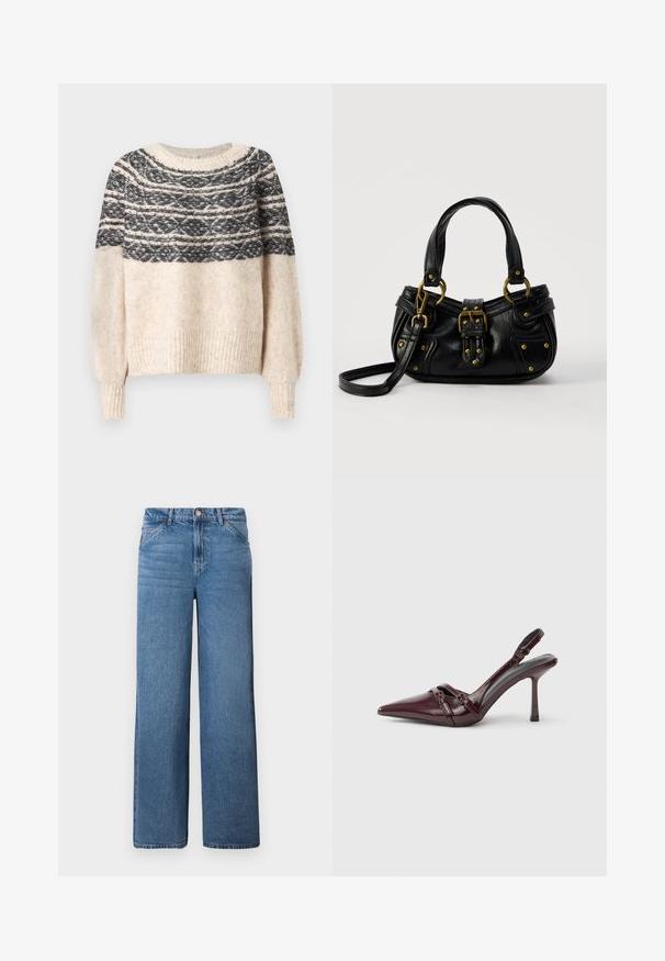 Cremefarvet og sort strikket sweater med mønstret yoke, ribbede manchetter og kant, præsenteret mod en ensfarvet baggrund.; Lysblå denim bukser med vid ben og høj talje, der har en skjult lynlås og knaplukning samt markant syning på forlommerne.; Bourgogne laklæder slingback-hæl med spids tå, tynd ankelrem og lille dekorativ spænde. Glat tekstur og høj hæl.; Sort læderhåndtaske med guldbælge og nitdetaljer, korte håndtag og en justerbar skulderrem på en ensfarvet hvid baggrund.