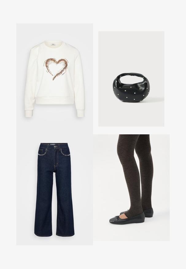 Hvid sweatshirt med et metallisk rosegold palædesign i form af et hjerte foran, ribbede ærmer og talje, samt en klassisk rund hals.; Mørkeblå brede ben jeans lavet af denim, med høj talje, to forlommer med dekorativ syning, og en enkelt knaplukning.; Ben iført mørke ribbede leggings kombineret med sorte balletsko med små sløjfedetaljer på hvid baggrund.; Sort læderhåndtaske med en rundet form, dekoreret med sølvnitter, og et kort håndtag. Glat tekstur og lynlåslukning.