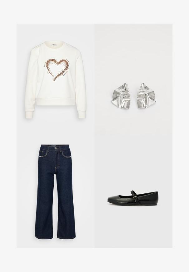 Witte trui met een metallic rosegouden pailletten hartontwerp aan de voorkant, met ribgebreide boorden en tailleband, en een klassieke ronde hals.; Donkerblauwe wijde jeans van denim, met een hoge taille, twee achterzakken met decoratieve stiksels en een enkele knoopsluiting.; Zwarte leren balletschoenen met een ronde neus, een platte zool en een dunne verstelbare band over de wreef met een metalen gesp.; Zilveren metalen oorbellen met een golvend, sculpturaal ontwerp, voorzien van een gepolijste afwerking en onregelmatige vormen, die een hedendaagse esthetiek benadrukken.