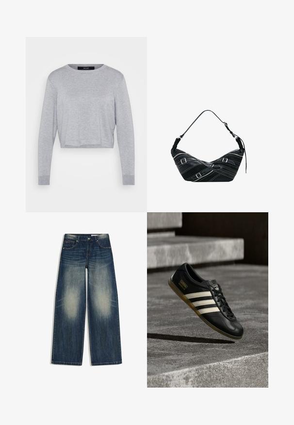 Lys grå cropped sweater med rund hals, lange ærmer, ribbede manchetter og en blød, tekstureret finish.; Blå vidde jeans med falmede områder på lårene, klassisk fem-lomme stil og knaplukning ved taljen.; Sort lædersneaker med hvidt trestribet design, teksturerede detaljer, sorte snørebånd og en gum-sål. Brandlogo synligt på tungen.; Desigual SMALL WITH BUCKLES - Håndtasker - black