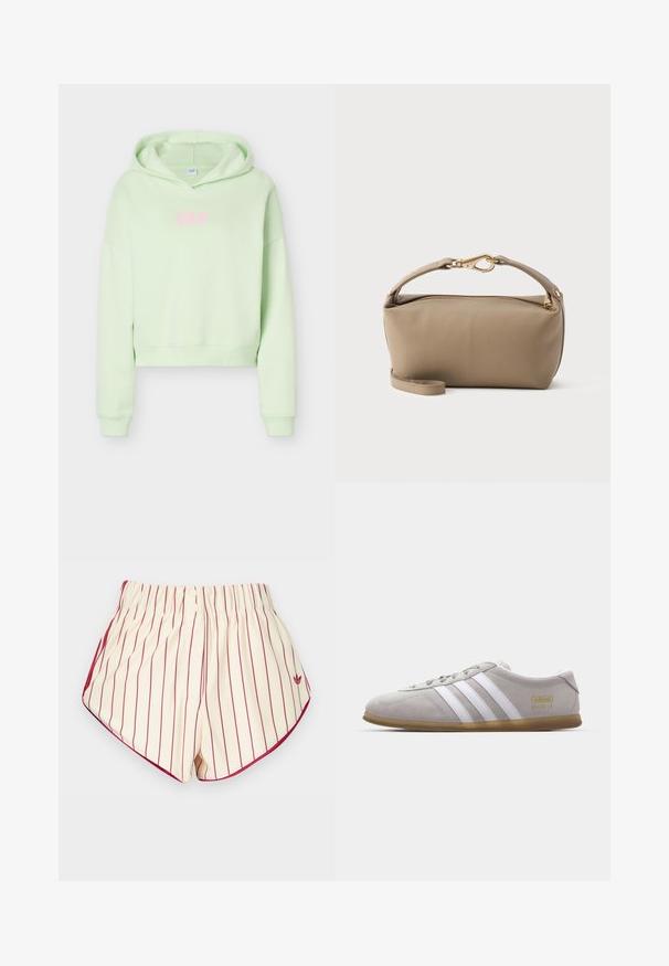 Sweat à capuche court vert clair avec manches longues et capuche, avec le mot « GAP » en lettres roses au centre devant.; Shorts crème avec rayures rouges verticales, taille élastique, deux boutons à l'avant et bordure rouge le long des ourlets incurvés.; Baskets en daim gris avec des rayures en cuir blanc et un logo doré. Semelle en gomme plate, bout rond et design classique à lacets.; Sac pochette en cuir taupe avec fermeture éclair et fermoir dorés, avec une lanière de poignet amovible sur un fond clair uni.
