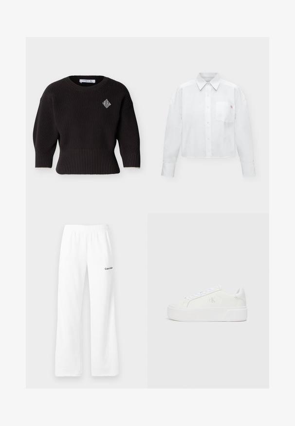 Pull en maille côtelée noire avec manches trois-quarts, col rond et petit logo blanc en forme de losange sur la poitrine gauche.; Chemise blanche à manches longues boutonnée, avec col et poche poitrine comportant un petit logo brodé.; Pantalon de survêtement blanc avec ceinture élastique et logo Calvin Klein sur la partie supérieure de la cuisse gauche, présenté sur un fond neutre.; Baskets plateformes blanches avec une tige en cuir lisse, bout arrondi, lacets blancs et un logo discret sur le côté. Semelle en caoutchouc plate.