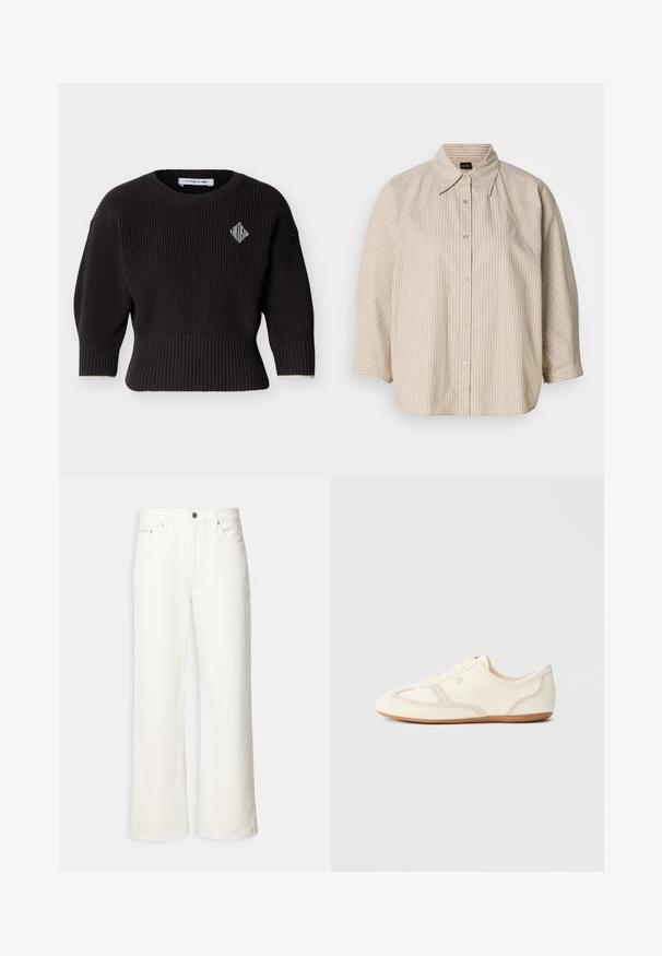 Pull en maille côtelée noire avec manches trois-quarts, col rond et petit logo blanc en forme de losange sur la poitrine gauche.; Chemise beige à rayures avec col, boutonnage sur le devant et manches courtes raglan. Présente des boutons dorés et un logo subtil sur l'ourlet.; Jean blanc à jambes larges avec boutons à l'avant, passants de ceinture et design à cinq poches.; Baskets couleur crème avec une tige en daim et tissu, un bout arrondi, et une semelle en caoutchouc avec un détail accent beige. Fermeture à lacets.