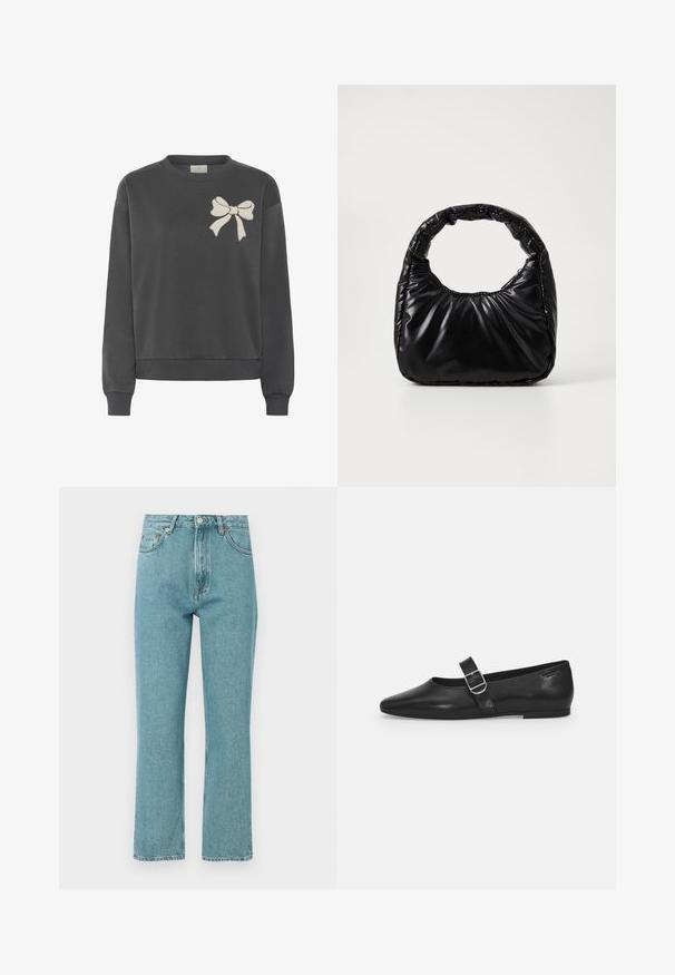 Mørkegrå sweatshirt lavet af en bomuldsblanding med rund hals og broderet lysebeige sløjfe på venstre bryst. Har rib-strikkede ærmer og kant.; Lyseblå, høj talje jeans med lige ben-design. Lavet af denim, featuring forlommer og knaplukning.; Sorte læder flade sko med rund tå, et enkelt justerbart spænde og en glat, blank overflade. Minimalistisk design med en lav hæl.; Sort polstret håndtaske med et rundt håndtag, der har en glat, skinnende overflade og en blød, kviltet tekstur. Ingen synlige hardware eller accenter.