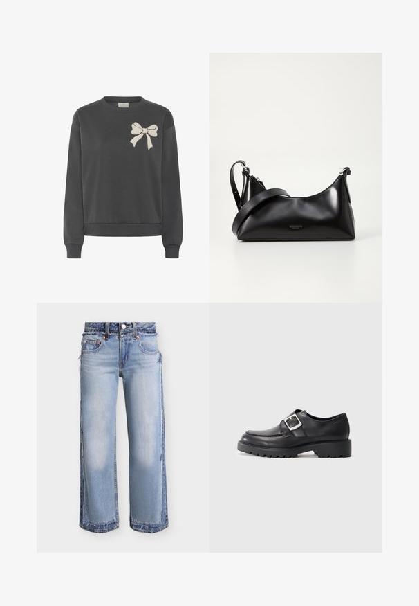 Mørkegrå sweatshirt lavet af en bomuldsblanding med rund hals og broderet lysebeige sløjfe på venstre bryst. Har rib-strikkede ærmer og kant.; Lyseblå vidde jeans med lagdelte denim-paneler, frynsede kanter og standard fem-lomme design.; Sorte lædersko med en rund tå, der har en sidebuckle-detalje og en tyk, robust sål. Glat tekstur med minimal syning.; Sort læderhåndtaske med en glat tekstur. Har en justerbar stropp og et enkelt, minimalistisk design med lynlås.