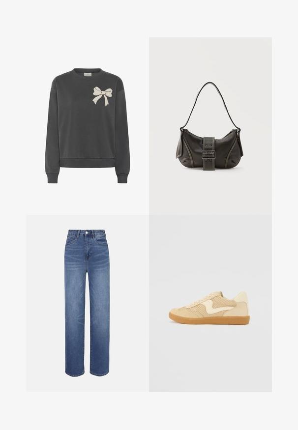 Mørkegrå sweatshirt lavet af en bomuldsblanding med rund hals og broderet lysebeige sløjfe på venstre bryst. Har rib-strikkede ærmer og kant.; Lyseblå denimjeans med højtaljet, lige ben, fem-lomme-design og subtile falmede detaljer i hele stoffet.; Beige sneakers med ruskind og mesh-materialer, rund form, fremtrædende polstret krave og en gummikondisko. Har et bølge-design som accent.; Sort læder skuldertaske med spænde på remmen, afrundede kanter og kontrasterende hvide syninger på en ensfarvet baggrund.