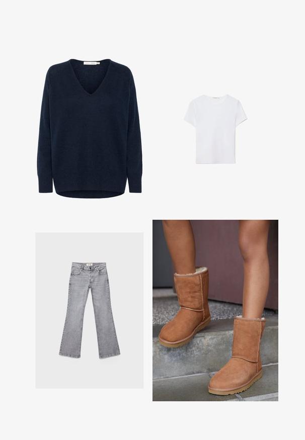 Marineblauer, langärmeliger V-Ausschnitt-Pullover aus Strick mit gerippten Bündchen und Saum, hinten etwas länger.; Weißes kurzärmliges T-Shirt aus weichem Stoff. Hat einen runden Halsausschnitt und ein einfaches, sauberes Design mit geradem Saum.; Hellgraue Jeans mit geradem Bein, vorne und hinten Taschen, Gürtelschlaufen und Knopfverschluss, flach auf weißem Hintergrund präsentiert.; Braune Wildleder-Stiefeletten mit runder Spitze, weicher Innenausstattung und Gummisohle, die über sichtbare Nähte entlang der Nähte verfügen.