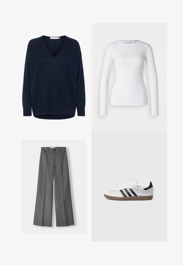 Marineblauer, langärmeliger V-Ausschnitt-Pullover aus Strick mit gerippten Bündchen und Saum, hinten etwas länger.; Weißes Langarmhemd aus geripptem Stoff mit Rundhalsausschnitt und taillierter Form. Keine Muster oder Akzente sind vorhanden.; Grauweite Hosen mit einem Nadelstreifenmuster, ausgestattet mit einem Knopfverschluss und zwei vorderen Taschen. Aus texturiertem Stoff gefertigt.; Weißer Mesh-Sneaker mit schwarzen Streifen, beiger Wildleder-Kappe an der Spitze und am Absatz, strukturierter Gummisohle und weißen Schnürsenkeln. Klassisches Low-Top-Design.