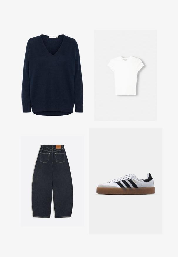 Marineblauer, langärmeliger V-Ausschnitt-Pullover aus Strick mit gerippten Bündchen und Saum, hinten etwas länger.; Weißes kurzärmliges T-Shirt aus weicher Baumwolle, mit Rundhalsausschnitt und figurbetonter Form. Keine sichtbaren Muster oder Verzierungen.; Dunkelblaue Jeans mit weitem Bein, von hinten gezeigt, mit zwei aufgesetzten Taschen und einem braunen Lederetikett am Bund.; Weiße Leder Sneakers mit schwarzen Streifen, Gummigummi-Außensohle, runder Zehenform, Schnürverschluss und weichem grauem Wildleder-Zehenkappe.