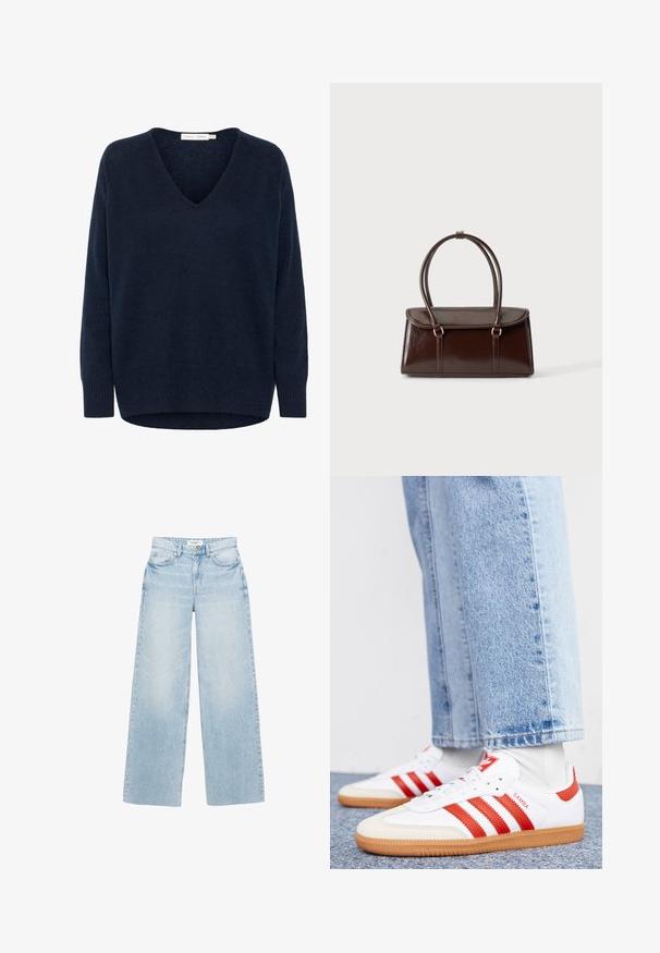 Marineblauer, langärmeliger V-Ausschnitt-Pullover aus Strick mit gerippten Bündchen und Saum, hinten etwas länger.; Jeans mit weitem Bein und heller Waschung aus Denim. Verfügt über eine hohe Taille, fünf Taschen und einen Reißverschluss mit Knopfverschluss. Leicht distressed Oberfläche.; Weiße Leder Sneaker mit roten Streifen und Akzenten. Verfügt über eine strukturierte Gummi-Laufsohle und einen gepolsterten Schaft. Tragen mit hellblauer Jeans.; Dunkelbraune glänzende Lederhandtasche mit einem strukturierten rechteckigen Körper und zwei langen, abgerundeten Griffen vor einem schlichten hellen Hintergrund.