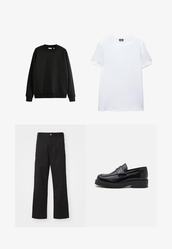 Sort sweatshirt lavet af glat stof med rund hals og ribbede manchetter. Har en lige hæm og et minimalistisk design.; Simpel hvid t-shirt med korte ærmer og rund halsudskæring med en sort Pull&Bear mærkat indeni kraven, vist på en hvid baggrund.; Sorte bukser lavet af slidstærkt stof med lige pasform, der har knaplukning foran, bæltestropper og ingen synlige mønstre eller accenter.; Sorte læder loafers med en rund tå, dekorativ forkantssyning og en tyk gummisål. Glat tekstur med en poleret finish.