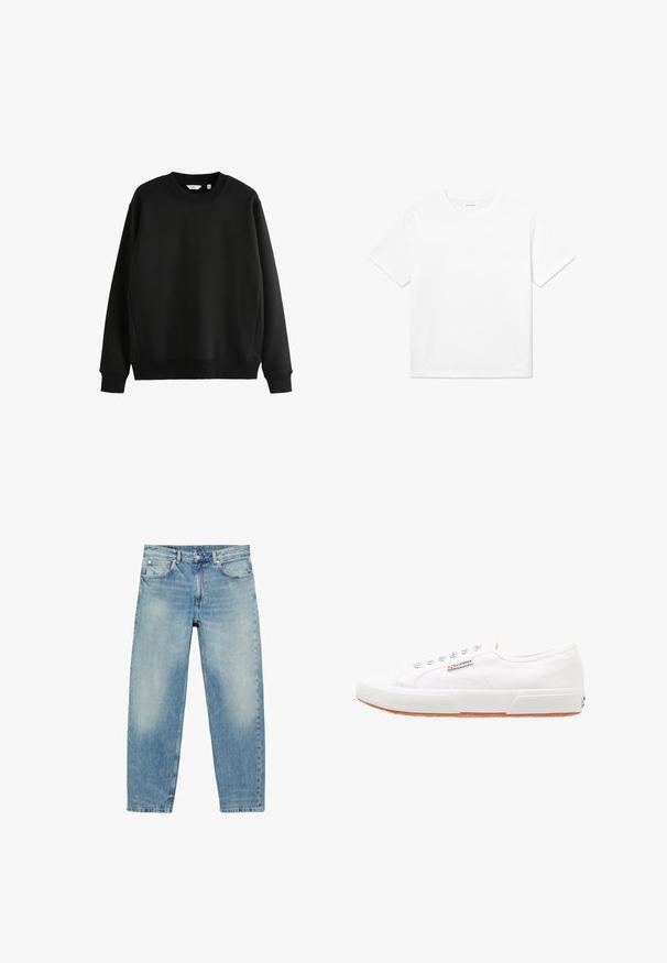 Sort sweatshirt lavet af glat stof med rund hals og ribbede manchetter. Har en lige hæm og et minimalistisk design.; Hvid bomulds T-shirt med korte ærmer, rund halsudskæring og lige kant. Glat tekstur uden synlige mønstre eller accenter.; Blå straight-leg denim jeans med forlommer og bæltestropper, der viser let falmede detaljer på lår og knæ.; Hvide kanvas sneakers med gummisål, snørebåndsdesign og et lille logo mærke på siden. Tekstureret hvid overdel og brun ydersål.