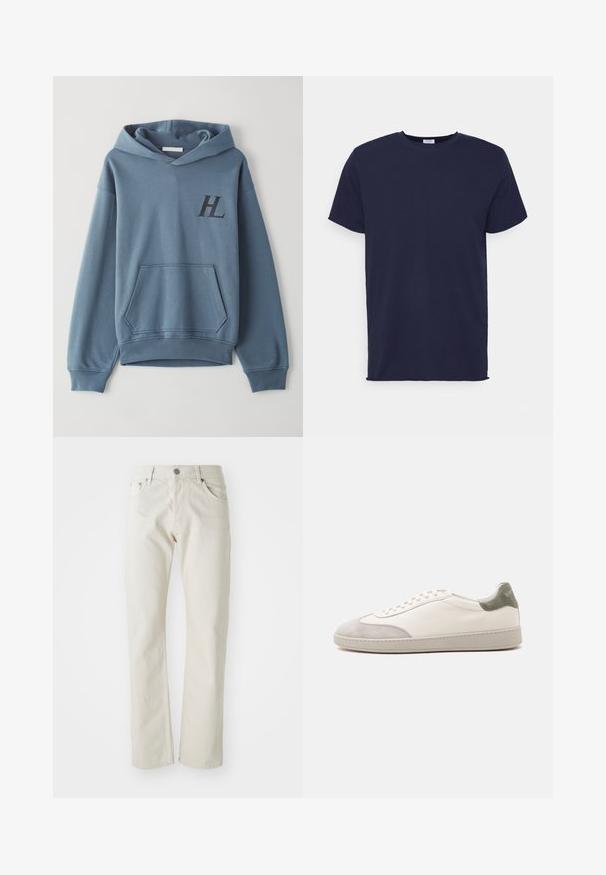 Haut en coton bleu avec une poche avant, des poignets côtelés et une capuche avec cordon. Présente un logo "HL" noir sur la poitrine. Texture douce.; T-shirt bleu marine à manches courtes fabriqué en tissu doux. Présente un col rond et une coupe droite sans motifs ni accents.; Jeans beige clair en coton, avec une coupe droite, un style à cinq poches et une fermeture à bouton en métal argenté.; Baskets basses blanches avec accents en daim gris clair sur le bout et le talon, lacets blancs et semelle beige plate, vues de côté extérieur.