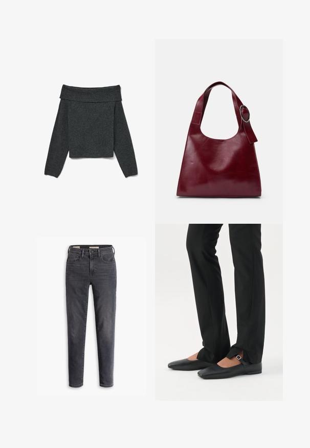 Tumehall off-the-shoulder sviiter pika varrukaga, ribitud kaelusega ja tekstuurse kootud kangaga. Lühendatud disain.; Tumedashallased slim-fit teksad, millel on ees nööp ja tõmblukk, viis taskut, esitleva valge taustaga.; Jalad, mis kannavad mustaid kitsaid pükse esiosal lõhikutega allääres, kombineeritud mustade lameda tallaga Mary Jane kingadega, millel on väike pandlakinnitusega rihm.; Burgundia nahast käekott pehme ja siledaga tekstuuriga, laia õlarihma ja metallist rõngast accentsiga. Minimalistlik disain.