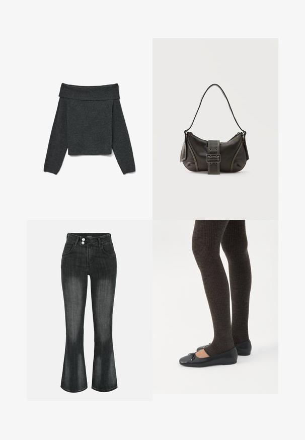 Pull-over gris foncé à épaules dénudées avec manches longues, col côtelé et tissu en maille texturée. Design court.; Jean en denim noir délavé à taille haute, fermeture double bouton, poches avant et jambes légèrement évasées.; Jambes portant des leggings côtelés foncés associés à des ballerines noires avec de petits détails en nœud sur fond blanc.; Sac à épaule en cuir noir avec une sangle à boucle, des bords arrondis et des coutures blanches contrastées sur un fond uni.
