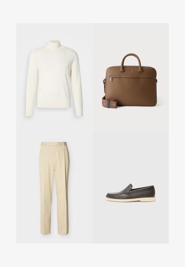 Lys cremefarvet turtleneck sweater lavet af blødt stof, med lange ærmer og en tætsiddende silhuet, uden synlige mønstre eller udsmykninger.; Beige bukser med lige ben, bæltestropper og forreste læg på en ensartet lys baggrund.; Brune læder slip-on sko med en struktureret overflade og en kontrasterende lys beige sål, der har en rund tå og minimal syning.; Brun lædermappe med top håndtag, lomme foran med lynlås og aftagelig matchende skulderrem på hvid baggrund.