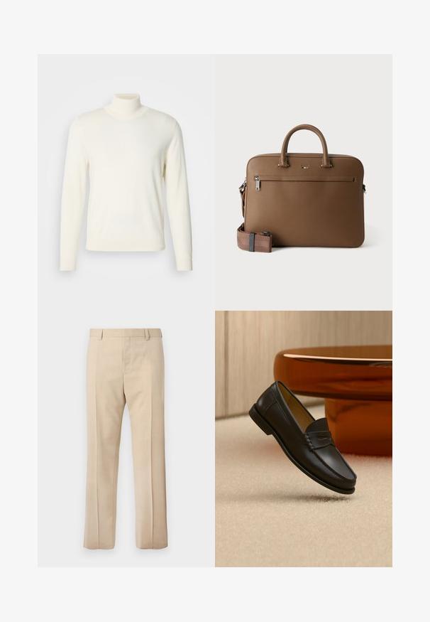 Lys cremefarvet turtleneck sweater lavet af blødt stof, med lange ærmer og en tætsiddende silhuet, uden synlige mønstre eller udsmykninger.; Beige skræddersyede bukser med bæltestropper, presset folder foran og skjult lynlåslukning, vist på en ensfarvet baggrund.; Sort læder loafer-sko hængende over beige tæppe med ravfarvet moderne møblement i baggrunden.; Brun lædermappe med top håndtag, lomme foran med lynlås og aftagelig matchende skulderrem på hvid baggrund.