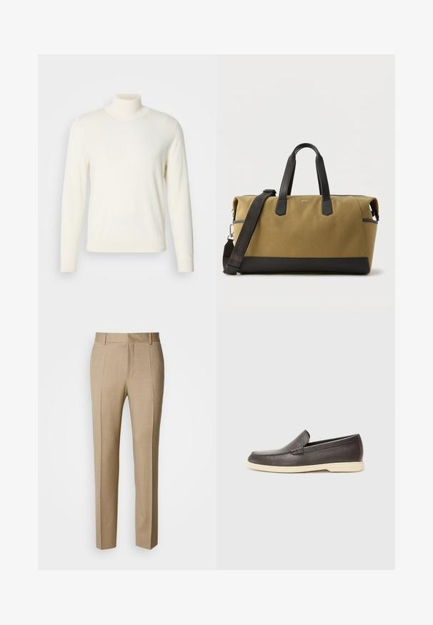 Lys cremefarvet turtleneck sweater lavet af blødt stof, med lange ærmer og en tætsiddende silhuet, uden synlige mønstre eller udsmykninger.; Beige skræddersyede bukser i tekstureret stof med flad front og lige ben. Har sidelommer og bæltestropper, der giver et poleret udtryk.; Brune læder slip-on sko med en struktureret overflade og en kontrasterende lys beige sål, der har en rund tå og minimal syning.; Stor duffeltaske i brun- og sort farve med bærehåndtag i sort læder og aftagelig skulderrem, rektangulær form, BOSS-logo på fronten.