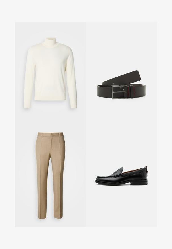 Lys cremefarvet turtleneck sweater lavet af blødt stof, med lange ærmer og en tætsiddende silhuet, uden synlige mønstre eller udsmykninger.; Beige skræddersyede bukser i tekstureret stof med flad front og lige ben. Har sidelommer og bæltestropper, der giver et poleret udtryk.; Sort læder herre loafer med moc-tå syning, penny strop, struktureret krave og lav stablet hæl på hvid baggrund.; Sort læderbælte med en rektangulær sølvspænde, prydet med rød syning, og en glat overflade. Længden kan justeres med flere huller.