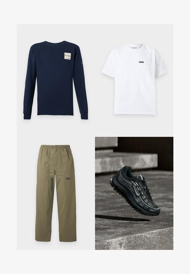 Navyblauwe sweatshirt met lange mouwen, gemaakt van katoen; beschikt over een rechthoekige logopatch op de borst en ribgebreide manchetten aan de mouwen en onderrand.; Wit T-shirt met korte mouwen en een ronde hals, voorzien van een klein borstzakje met een zwarte Columbia-logo patch.; Olijfgroene broek met rechte pijpen, elastische tailleband, voorzakken met opgestikte zakken, knoopsluiting en Columbia-logo op de rechterzak.; Zwarte en grijze Nike Air Max sneaker zwevend boven grijze betonnen trappen met een gestructureerde achtergrond van de grond.