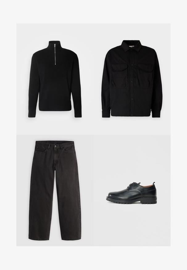 Lindbergh HALF ZIP RIB KNIT - Striktrøje - black; Jack & Jones JCOHELVETICA PARACHUTE OVERSHIRT - Skjorter - black; Sorte denimjeans med lige ben, fem lommer og bæltestropper, vist fladt på en ensartet lys baggrund.; Sorte læder derby-sko med en glat overflade, rund tå, snøre-design og en tyk, robust gummisål.