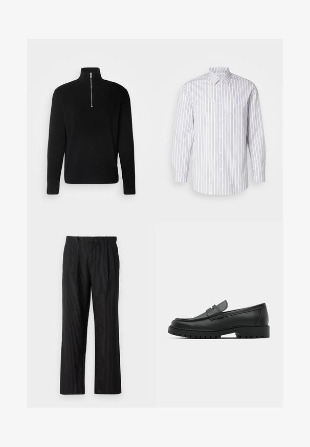 Lindbergh HALF ZIP RIB KNIT - Πουλόβερ - black; Ριγέ πουκάμισο με κουμπιά που διαθέτει κάθετες γκρίζες και λευκές ρίγες, μακριά μανίκια, κολάρο και τσέπη στο στήθος. Λείο ύφασμα.; Jack & Jones JPSTBILL JJDAYTONA WIDE CHINO - Chinos - black; Μαύρα δερμάτινα λουστρίνια με στρογγυλή μύτη, που διαθέτουν ραμμένο σχέδιο, χαμηλή πλατφόρμα και υφή με λαστιχένια σόλα με προεξοχές.