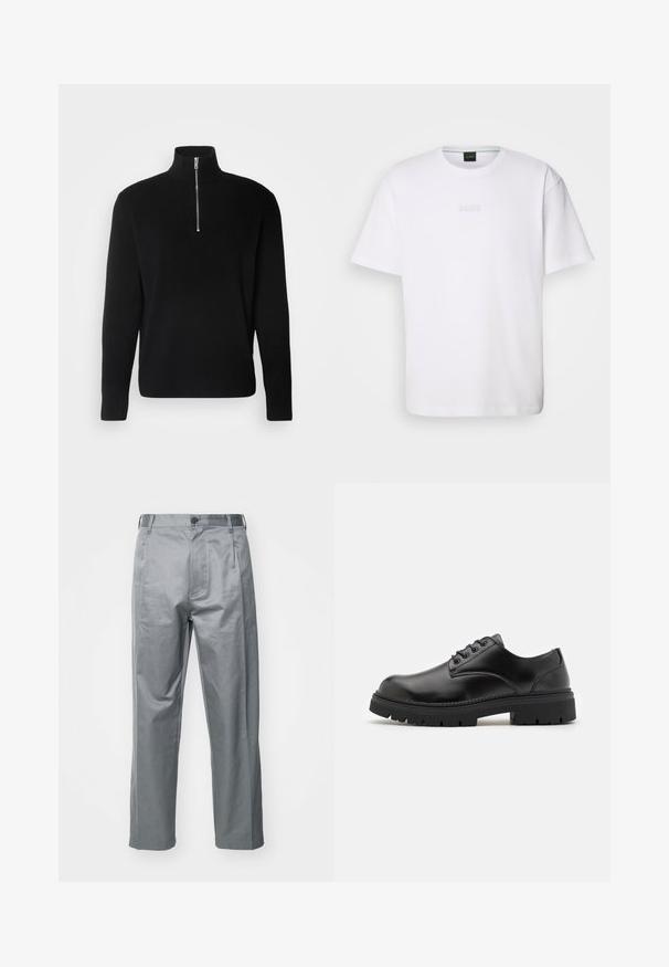 Lindbergh HALF ZIP RIB KNIT - Strickpullover - black; Weißes Baumwoll-T-Shirt mit kurzen Ärmeln, rundem Ausschnitt und geprägtem "BOSS"-Logo auf der Brust. Glatte Textur, normale Passform.; Graue Baumwollmischung-Hosen mit geradem Bein, ausgestattet mit einem vorderen Knopfverschluss, Gürtelschlaufen und seitlichen Taschen.; Schwarze Lederschuhe mit runder Zehenform, Schnürdesign und einer dicken, strukturierten Gummisohle. Sie verfügen über eine Naht entlang des Randes und haben eine glatte Oberfläche.