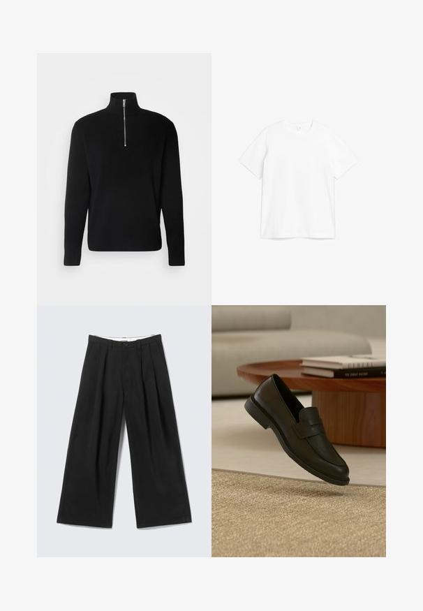 Lindbergh HALF ZIP RIB KNIT - Striktrøje - black; Hvid bomulds T-shirt med rund halsudskæring og korte ærmer. Stoffet ser glat ud med et klassisk, lige snit design.; Sorte bukser med vide ben, læg, bæltestropper og en knaplukning, vist mod en lys grå baggrund.; Sort læderloafer vist i luften over en beige vævet tæppe, med et træbord og stablede bøger i et blødt oplyst stue.