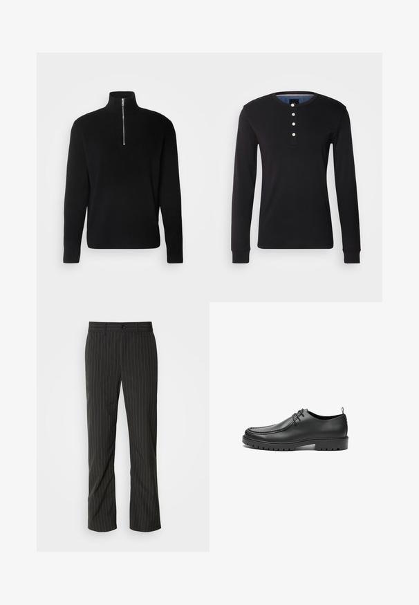 Lindbergh HALF ZIP RIB KNIT - Svetrík - black; Čierna dlhá rukávová košeľa vyrobená z mäkkej tkaniny, s okrúhlym výstrihom, gombikovým zapínaním s bielymi gombíkmi a priliehavými manžetami.; Čierne pruhované nohavice so rovným strihom. Majú hladkú textúru, zapínanie na predný gombík a pútka na opasok.; Čierne kožené topánky s hladkým povrchom, zaoblenou špičkou a dekoratívnym prešívaním. Majú gumovú podrážku s trakčnými drážkami a viazací dizajn.