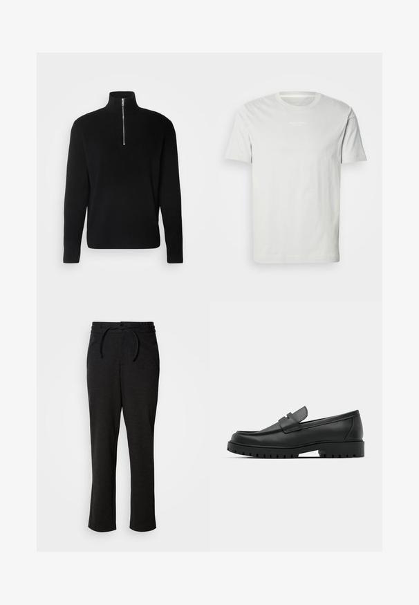 Lindbergh HALF ZIP RIB KNIT - Striktrøje - black; Hvid bomulds t-shirt med korte ærmer, rund halsudskæring og et lille logo på brystet. Blød tekstur og en klassisk pasform. Ingen mønstre.; Sorte strikbukser med snoreliv, lige ben og sidelommer. Blød tekstur med en glat overflade.; Sorte læder loafers med rund tå, der har et syet design, lav platformssål og en struktureret, skridsikker gummisål.