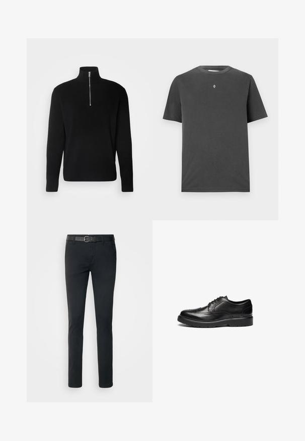 Lindbergh HALF ZIP RIB KNIT - Strickpullover - black; Dunkelgraues Baumwoll-T-Shirt mit rundem Halsausschnitt und kurzen Ärmeln; verfügt über ein kleines, zentriertes Logo in Weiß auf der Brust.; Schwarze Chinos mit schmaler Passform, ausgestattet mit einem strukturierten schwarzen Gürtel und Fronttaschen, aus einem leichten, strapazierfähigen Baumwoll-Mischgewebe gefertigt.; Schwarze Leder-Dressschuhe mit Broguedetails, runder Zehenform und strukturiertem Sohlen. Verfügt über klassische Schnürung und einen stabilen Absatz für Unterstützung.