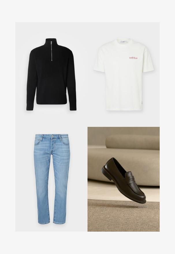 Lindbergh HALF ZIP RIB KNIT - Strickpullover - black; Weißes T-Shirt mit kurzen Ärmeln und Rundhalsausschnitt, kleinem roten Text "KRÄFTSKIVA" und zusätzlichem kleinerem Text auf der linken Brust.; Hellblaue Denim-Jeans mit geradem Bein, ausgestattet mit Reißverschluss, fünf Taschen und dezentem verwaschenem Effekt. Mittelhohe Taille.; Ein einzelner dunkelbrauner Lederloafer schwebt über einem beigen, strukturierten Teppich, mit einem unscharfen beigen Sofa im Hintergrund.