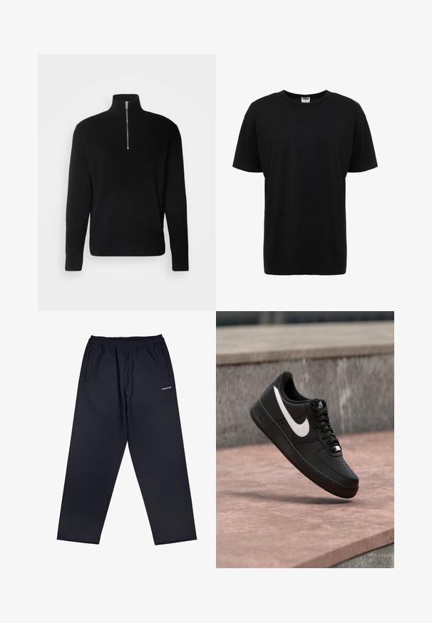 Lindbergh HALF ZIP RIB KNIT - Strickpullover - black; Schwarzes Baumwoll-T-Shirt mit Rundhalsausschnitt, kurzen Ärmeln, normaler Passform, glatter Textur und ohne sichtbare Muster oder Akzente.; Schwarze, gerippte, locker sitzende Hose mit elastischem Bund und zwei Seitentaschen; mit einem weißen Logo am linken Oberschenkel.; Schwarzer Nike Air Force 1 Sneaker mit weißem Swoosh-Logo, der über einer Steinformation schwebt, vor einem grauen strukturierten Hintergrund.
