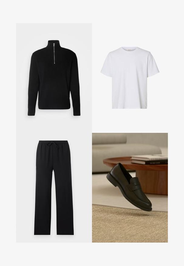 Lindbergh HALF ZIP RIB KNIT - Trui - black; Effen wit T-shirt met korte mouwen en ronde hals, met een regular fit en een gladde stoftextuur, weergegeven op een witte achtergrond.; Zwarte loszittende broek met elastische tailleband en vooraan trekkoord, rechte pijpen, eenvoudig ontwerp, weergegeven op een neutrale achtergrond.; Zwarte leren loafer schoen getoond in de lucht boven een beige geweven tapijt, met een houten tafel en gestapelde boeken in een zacht verlichte woonkamer.