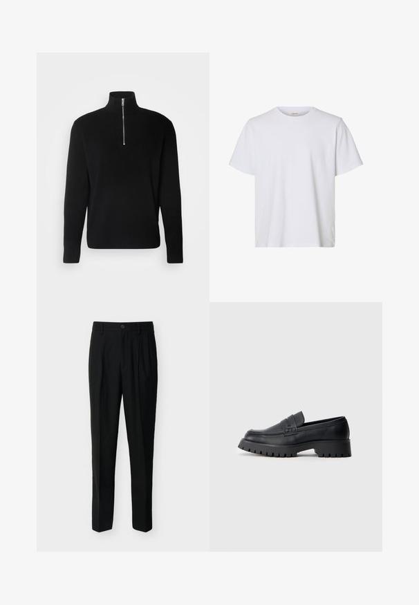 Lindbergh HALF ZIP RIB KNIT - Džemper - black; Lihtne valge lühikeste varrukatega T-särk ümar kaelusega, regulaarne lõige ja sile kangatekstuur, esitatud valgel taustal.; Mustad kõrge vöökohaga kohandatud püksid vööaasadega, ees voldid, küljetaskud ning nööp- ja tõmblukuga sulgemine.; Mustad mustad nahast loafers ümarate varvastega, dekoratiivse rihmaga ja turske kummitald koos sügavate tallaga, et tagada haarde.