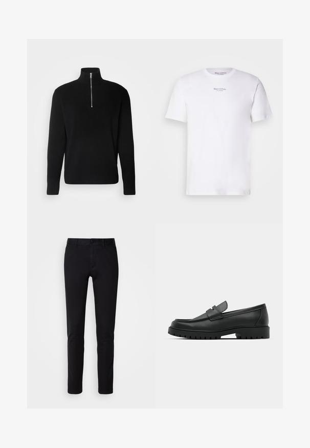 Lindbergh HALF ZIP RIB KNIT - Striktrøje - black; Hvid kortærmet t-shirt lavet af bomuld med rund hals. Fås med "Marc O'Polo" logo i sort på brystet. Glat tekstur, minimalistisk design.; Sorte bukser lavet af glat bomuldsstof, med en lige ben design, forlommer, en knaplukning og en ren finish.; Sorte læder loafers med rund tå, der har et syet design, lav platformssål og en struktureret, skridsikker gummisål.