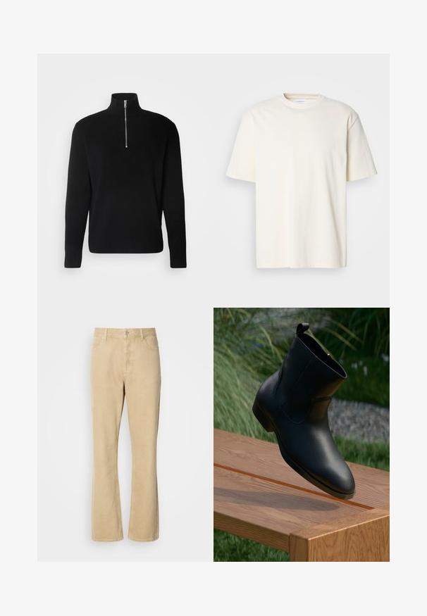 Lindbergh HALF ZIP RIB KNIT - Striktrøje - black; Lys off-white kortærmet T-shirt med rund hals, unisex design, præsenteret på en neutral grå baggrund.; Beige fløjlsbukser med udvidede ben, der har en knap- og lynlås-lukning. Bukserne har fem lommer og synlige sømme langs benene. Blød tekstur.; Sort læder ankelstøvle med lynlås, placeret i den ene ende af en poleret træbænk udendørs med græs og sten i baggrunden.