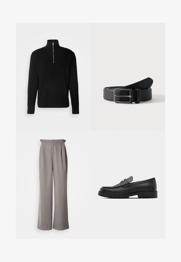 Lindbergh HALF ZIP RIB KNIT - Striktrøje - black; Lysegrå wide-leg bukser lavet af vævet stof. Funktioner folder ved taljen og bæltestropper. Glat tekstur og fuldlængde design.; Sorte læder loafers med rund tå, der har et syet design, lav platformssål og en struktureret, skridsikker gummisål.; Sort læderbælte rullet med rektangulært sølvfarvet metalspænde på en ensartet lys baggrund.