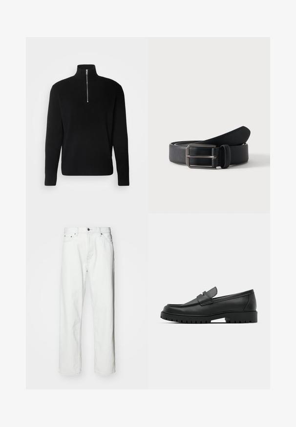 Lindbergh HALF ZIP RIB KNIT - Trui - black; Witte denim jeans met een rechte snit, vijf-pocket ontwerp, knoopsluiting en subtiele stikseldetails. Gladde textuur en minimalistische stijl.; Zwarte leren instappers met een ronde neus, voorzien van een gestikt ontwerp, een lage platformzool en een gestructureerde, grof rubberen buitenzool.; Zwarte leren riem opgerold met een rechthoekige zilveren metalen gesp op een effen lichte achtergrond.