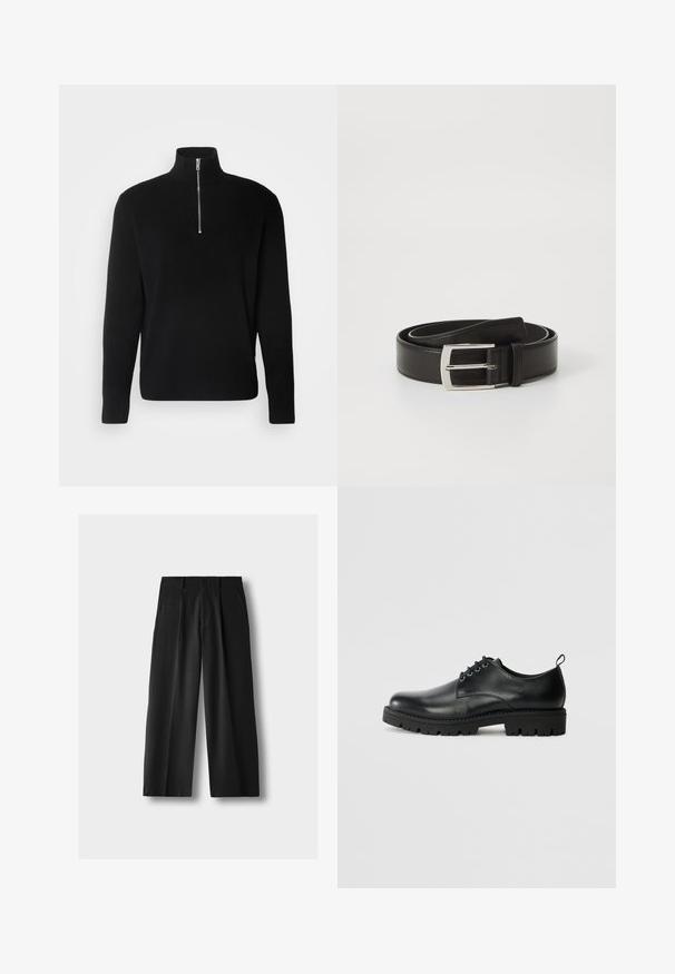 Lindbergh HALF ZIP RIB KNIT - Jersey de punto - black; Pantalones negros de cintura alta y pierna ancha con pliegues delanteros, bolsillos laterales, trabillas para cinturón y cierre con botón sobre un fondo gris claro.; Zapato de cuero negro con punta redonda, que presenta un diseño de cordones, suela negra de goma resistente y una pequeña lengüeta en el talón.; Cinturón de cuero negro con una textura suave, que cuenta con una hebilla rectangular de metal plateado y un diseño clásico.