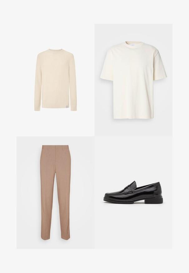 Crèmekleurig gebreid sweater met een ronde hals, lange mouwen, geribde manchetten en onderrand. Beschikt over een klein merkje aan de zijkant.; Effen off-white T-shirt met korte mouwen en ronde hals, unisex ontwerp, weergegeven op een neutrale grijze achtergrond.; Beige, op maat gemaakte broek van een gladde, gestructureerde stof. Rechte pasvorm met een tailleband en zonder zichtbare versieringen of zakken.; Zwarte leren instappers met een afgeronde neus, voorzien van een gestikte detail over de wreef, en een lage blokhak. Glad textuur en glanzende afwerking.