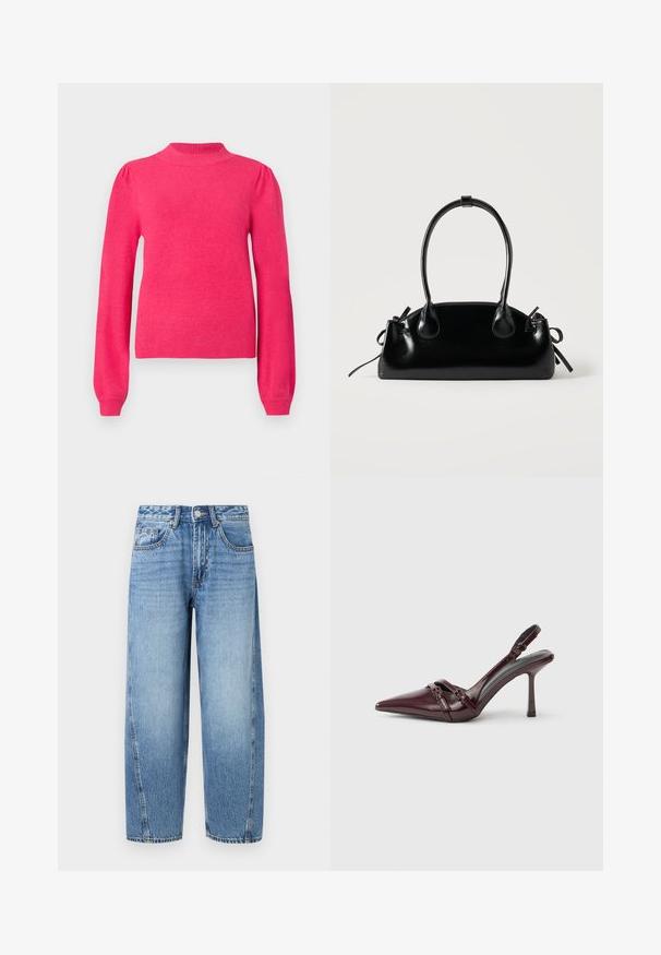 Pull long rose vif à manches longues avec un col montant, des épaules légèrement bouffantes et des poignets et un ourlet côtelés.; Jean droit en denim bleu clair avec taille haute, fermeture à boutons et poches avant et poche monnaie.; Escarpin slingback en cuir verni bordeaux avec bout pointu, fine bride à la cheville et petit détail décoratif de boucle. Texture lisse et talon haut.; Petit sac à main noir brillant avec deux longues anses et des détails à cordon sur les côtés sur un fond clair uni.