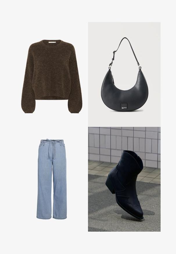 Pull en tricot marron avec une coupe décontractée, encolure ronde, longues manches bouffantes et tissu doux et texturé. Longueur cropped.; Pantalon en denim bleu clair à jambes larges avec une taille haute élastique et une ceinture assortie en tissu nouée à l'avant.; Bottine en cuir noir avec un petit talon, couture décorative et bout pointu, positionnée debout sur une surface pavée à côté d’un mur carrelé.; Sac à main en cuir noir en forme de croissant avec bandoulière réglable et petite plaque logo carrée au centre devant.