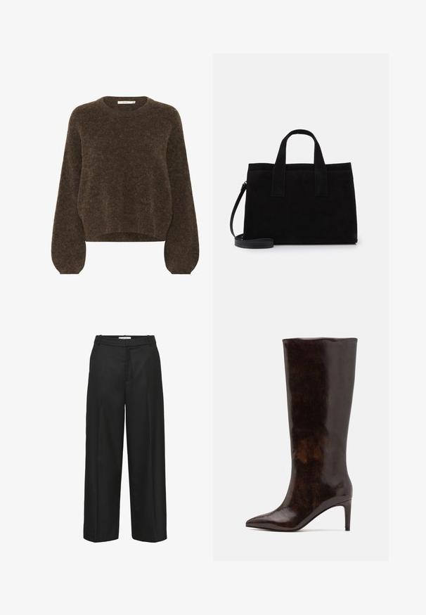 Pull en tricot marron avec une coupe décontractée, encolure ronde, longues manches bouffantes et tissu doux et texturé. Longueur cropped.; Pantalon noir à jambes larges avec une texture lisse, présentant un devant plat, des passants pour ceinture et sans ornements visibles. Conçu pour une coupe ample.; Call it Spring RHODDE - Bottes à talons hauts - medium brown; Sac fourre-tout en suede noir avec deux poignées supérieures et une bandoulière amovible. Forme rectangulaire avec une texture lisse et des coutures minimalistes.