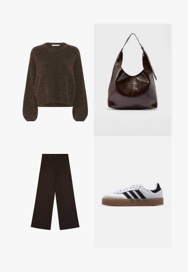 Pull en tricot marron avec une coupe décontractée, encolure ronde, longues manches bouffantes et tissu doux et texturé. Longueur cropped.; Pantalon marron foncé à jambes larges avec fines rayures verticales, fermeture par boutons et passants de ceinture, posé à plat sur fond blanc.; Baskets en cuir blanc avec des rayures noires, semelle extérieure en caoutchouc beige, bout rond, fermeture lacée et embout en suède gris doux.; Sac à bandoulière en cuir marron foncé brillant avec une seule large sangle et un détail de boucle sur un côté, posé sur un fond clair uni.